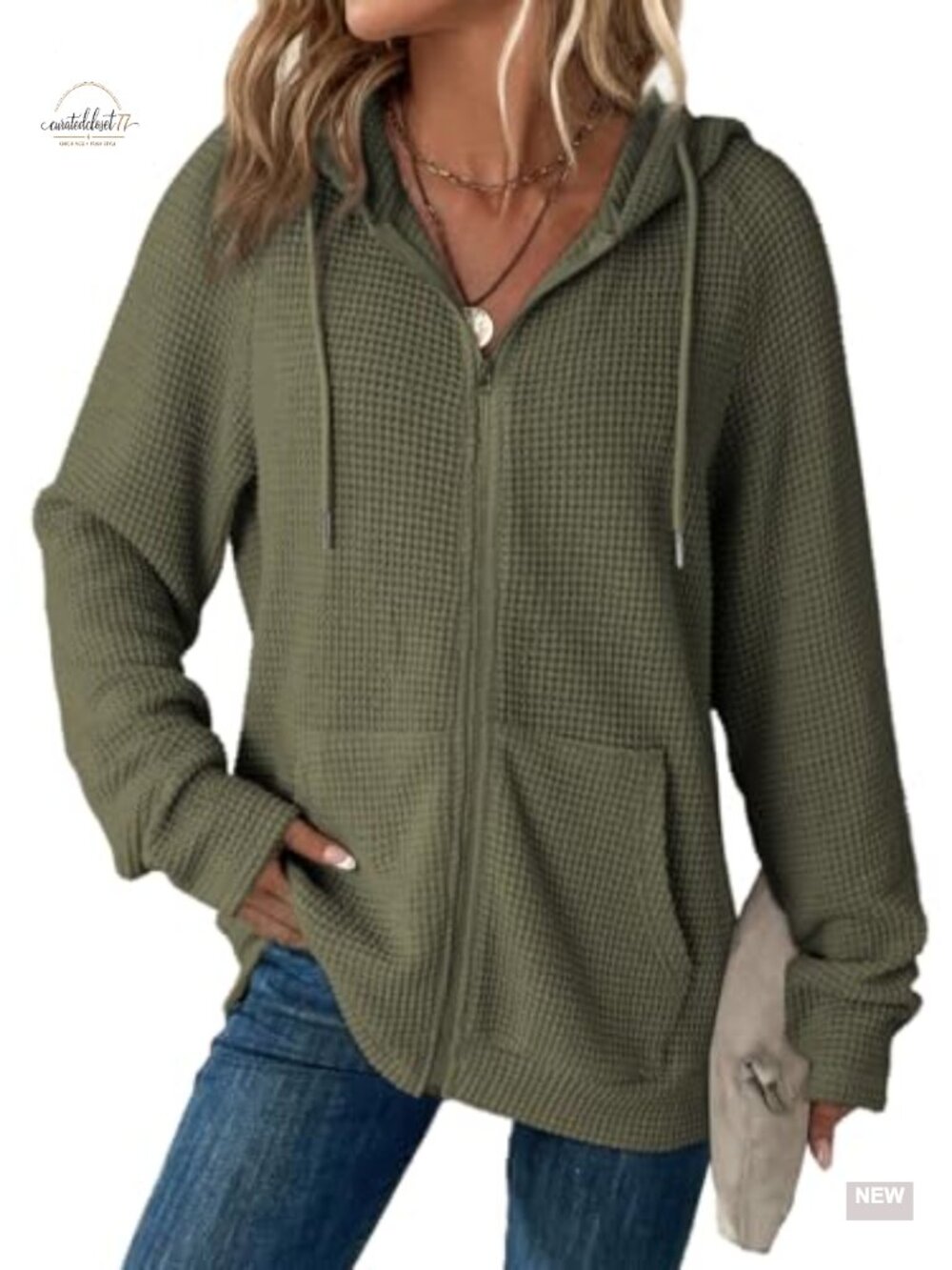 Waffle Knit Full Zip Hoodie Long Sleeve Drawstring Sweatshirt